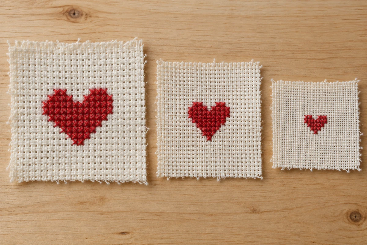 Photorealistic generated illustration of three cream fabric swatches with red cross-stitched hearts on a wooden table.