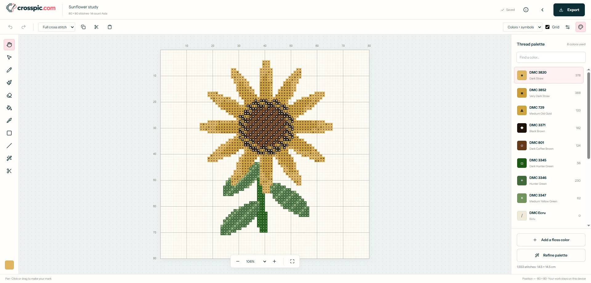 Sunflower study in Crosspic's Colors plus symbols view, with a numbered square grid, heavier ten-stitch lines, and the matching DMC palette.