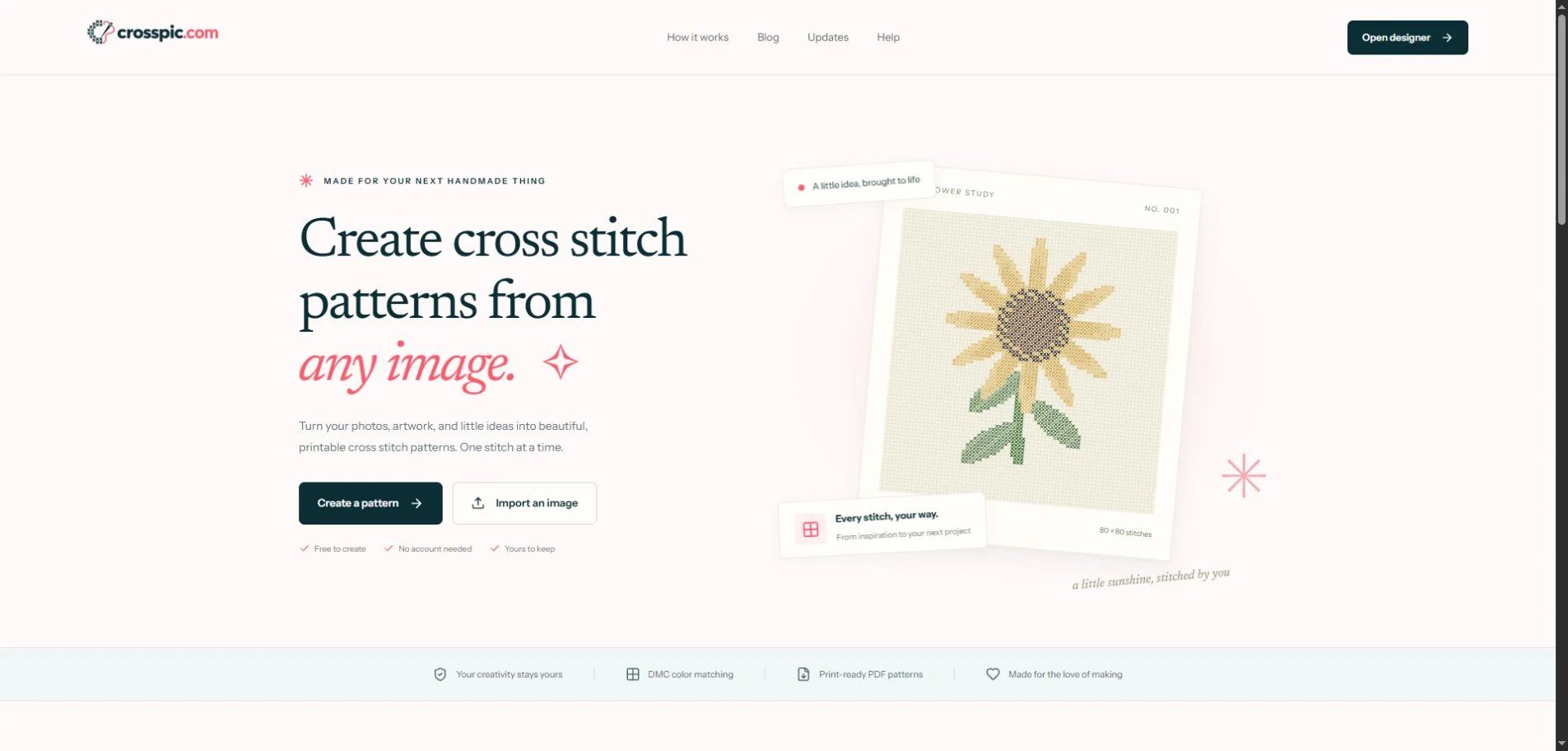 Crosspic homepage with Create a pattern and Import an image buttons beside the Sunflower study stitched preview.