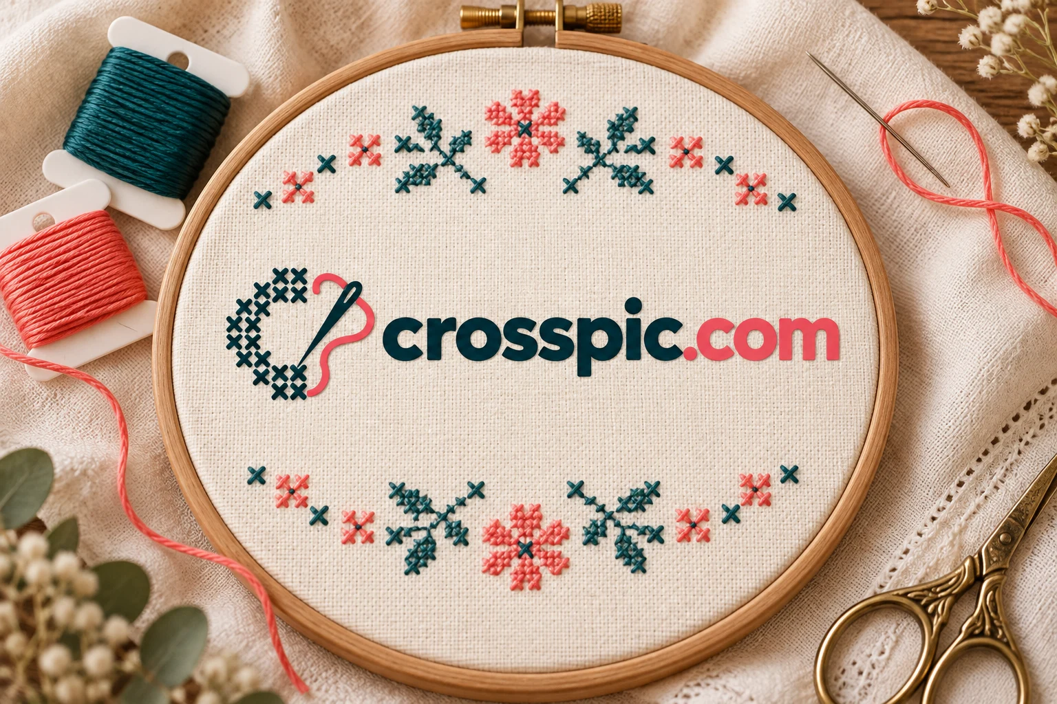 Crosspic logo on cream fabric in a wooden hoop, surrounded by coral and teal floral cross stitches, floss bobbins, and a threaded needle.