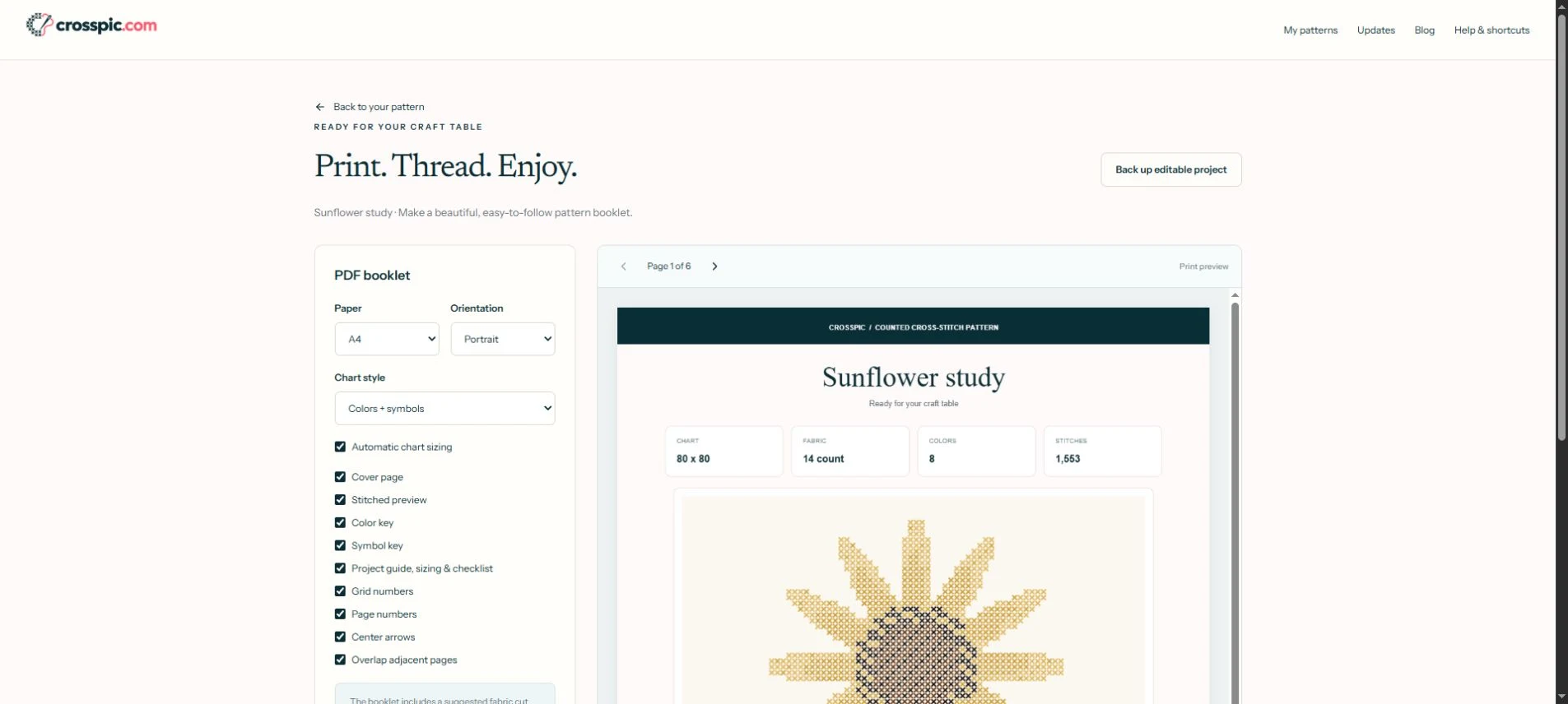 Crosspic PDF export screen with chart booklet settings and a rendered Sunflower study cover preview.