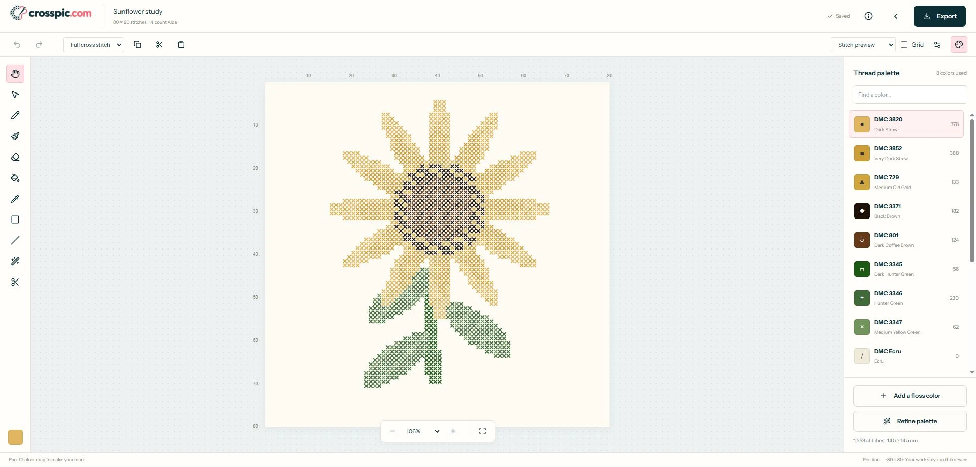 Crosspic editor showing the 80-by-80 Sunflower study in stitch preview, drawing tools on the left, and a DMC thread palette on the right.