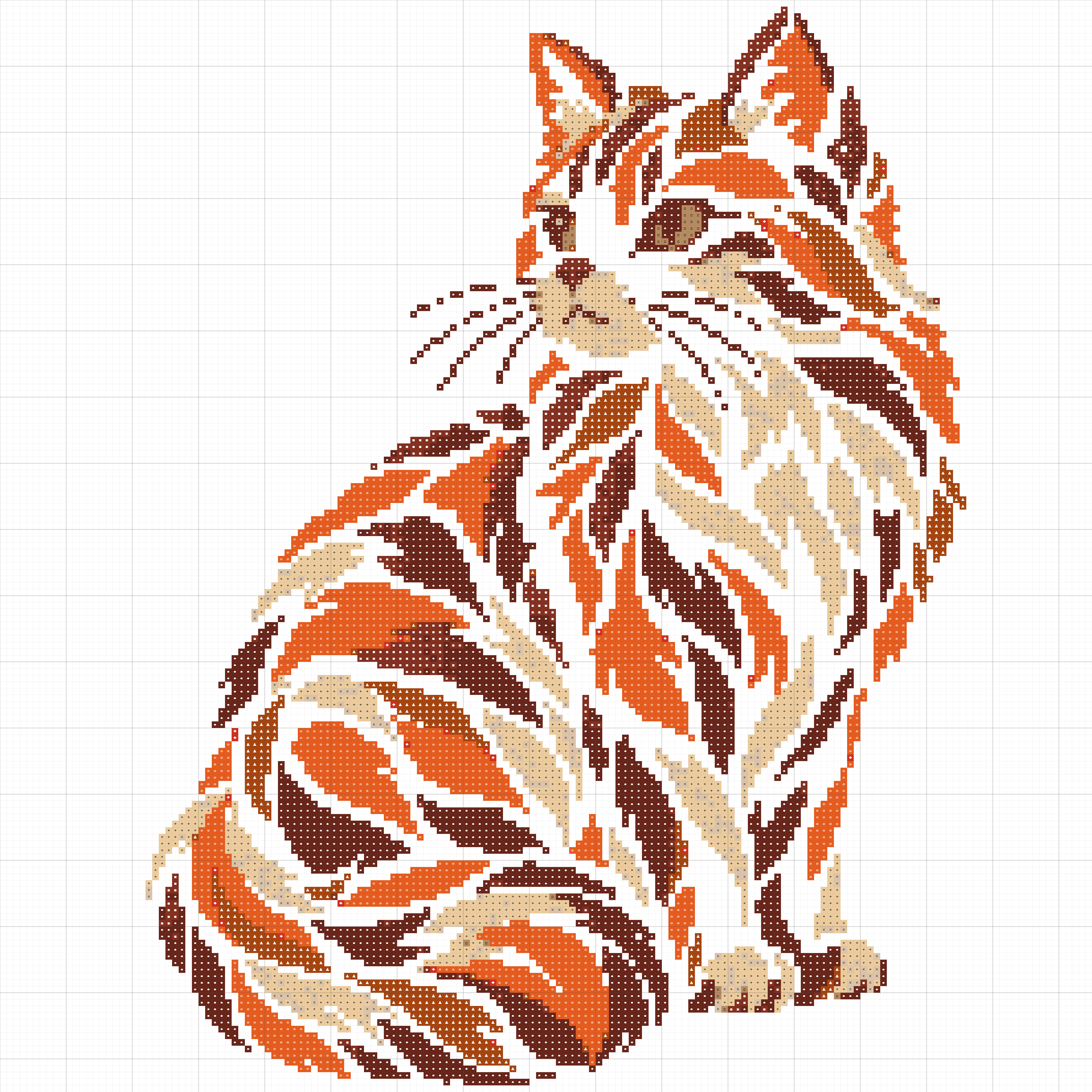 Ginger cat cross stitch chart with colored squares, individual stitch symbols and heavier ten-square grid lines.