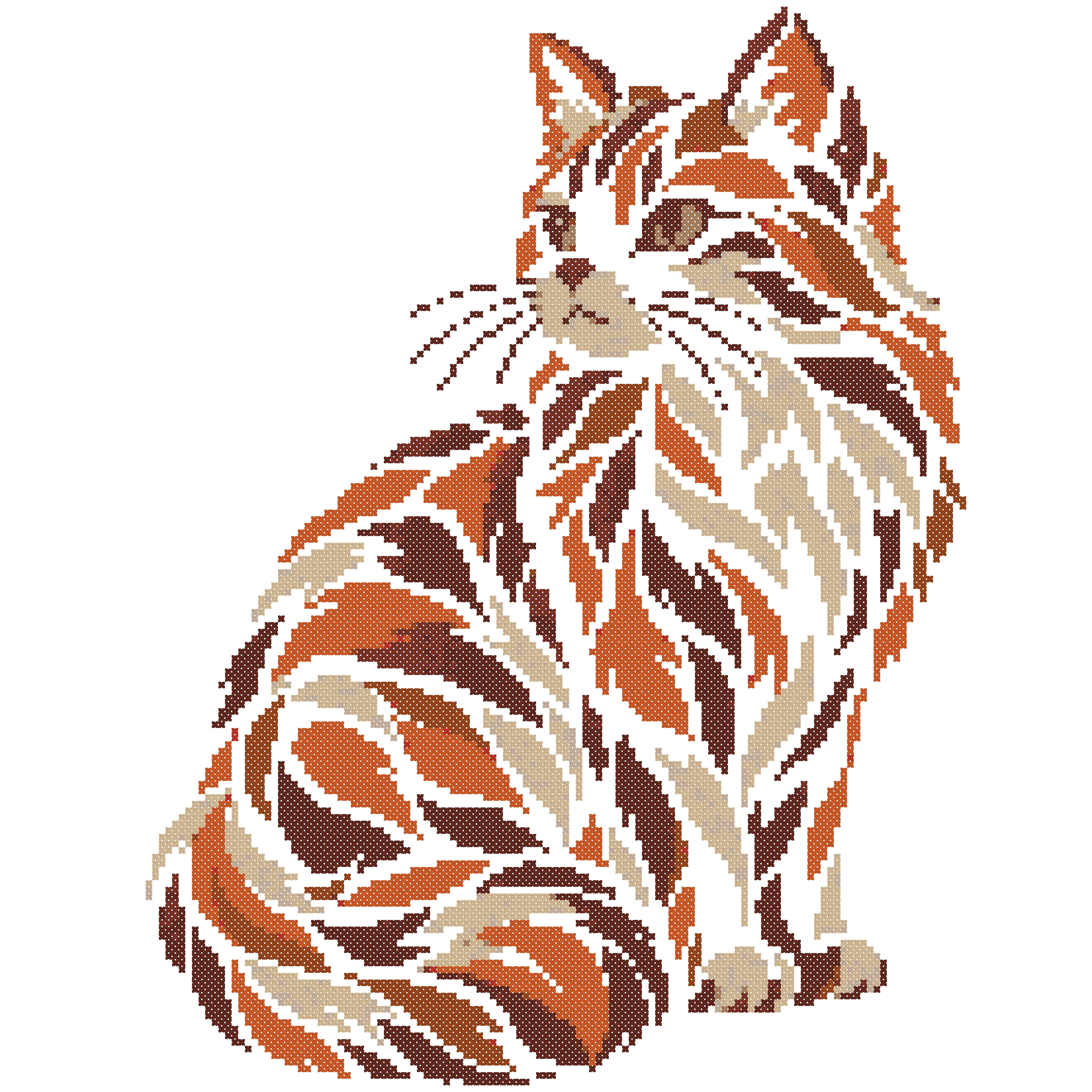 Actual stitch preview of the ginger cat pattern, with orange, brown and cream crosses on a white background.