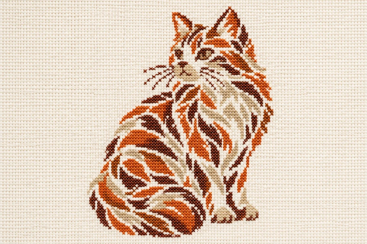 Illustrative embroidered preview of a seated ginger cat with a curled tail on ivory fabric.