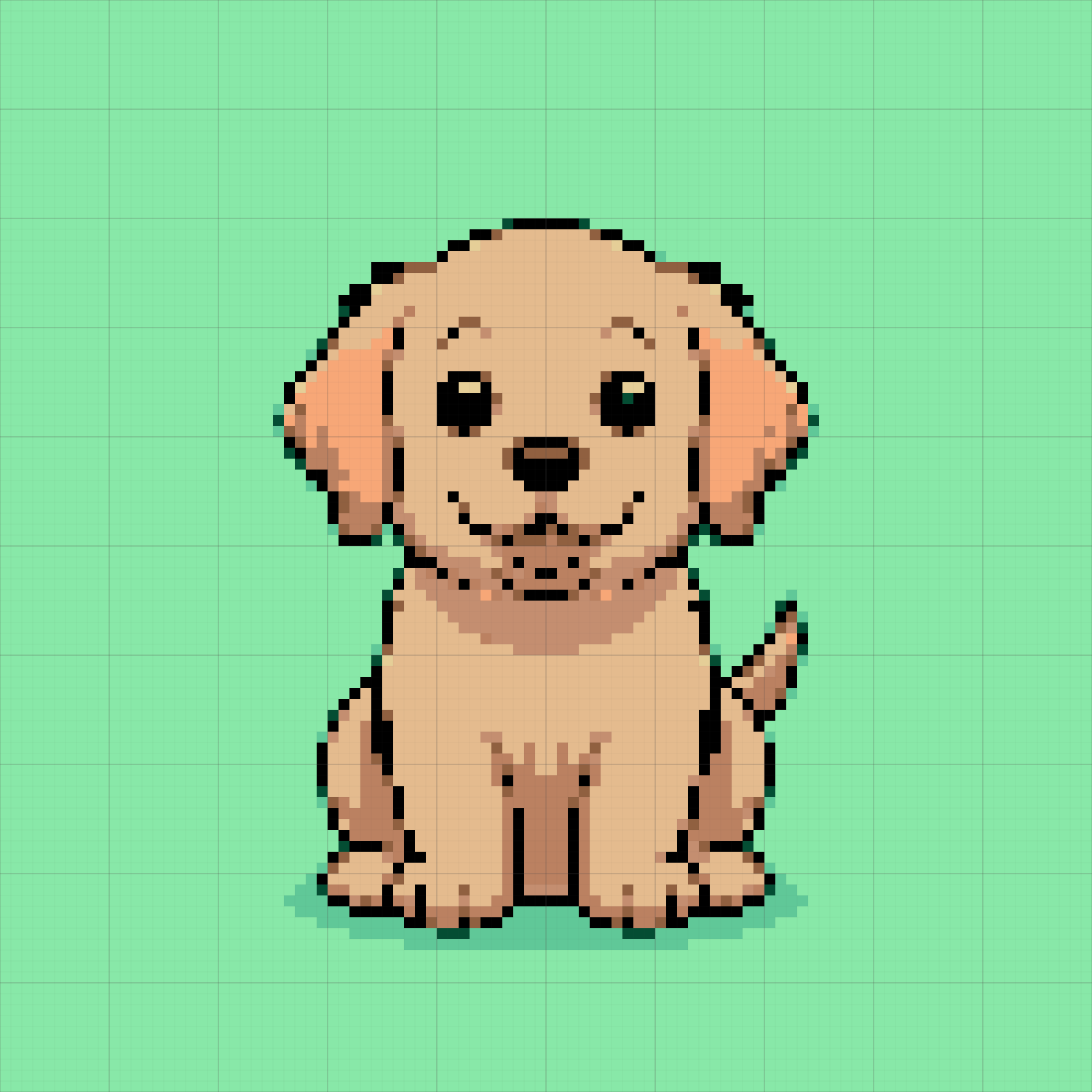 Color-only puppy cross stitch chart showing tan fur, peach ears, black facial details and a mint-green background on a 100-square grid.