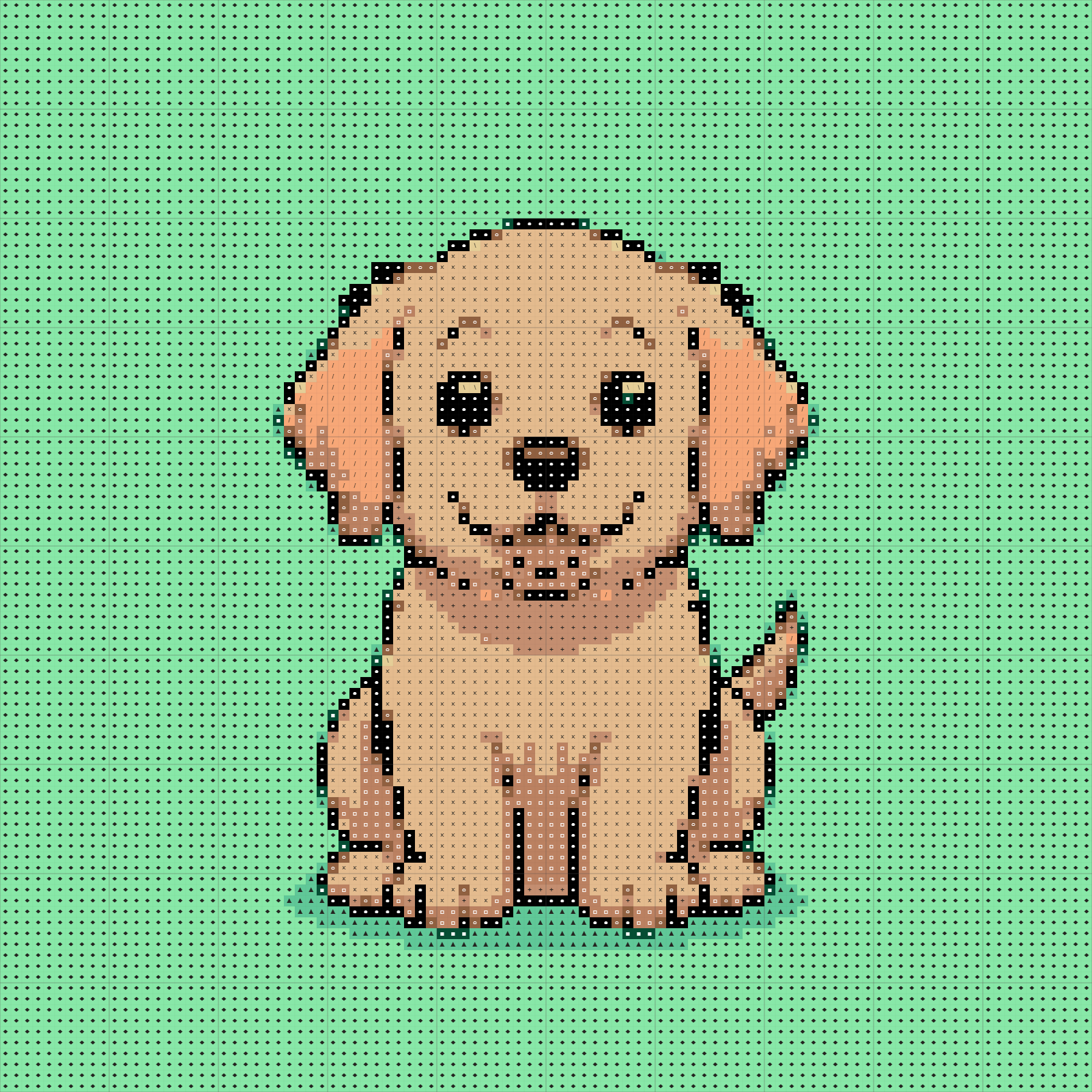 Combined puppy chart with colored squares, stitch symbols and heavier grid lines every ten squares.