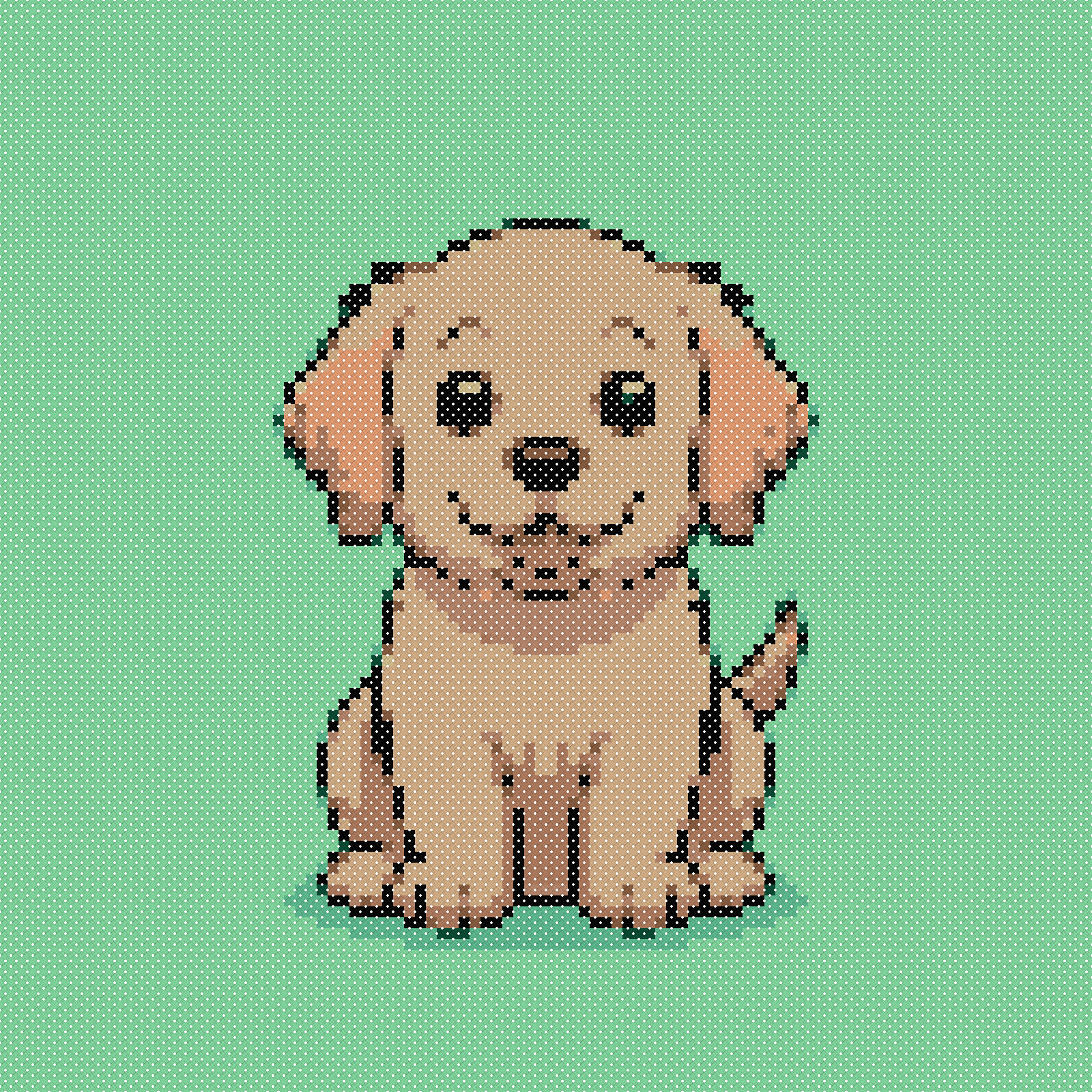 Actual cross-stitch preview of a seated tan puppy with floppy ears and a raised tail against a stitched mint-green background.
