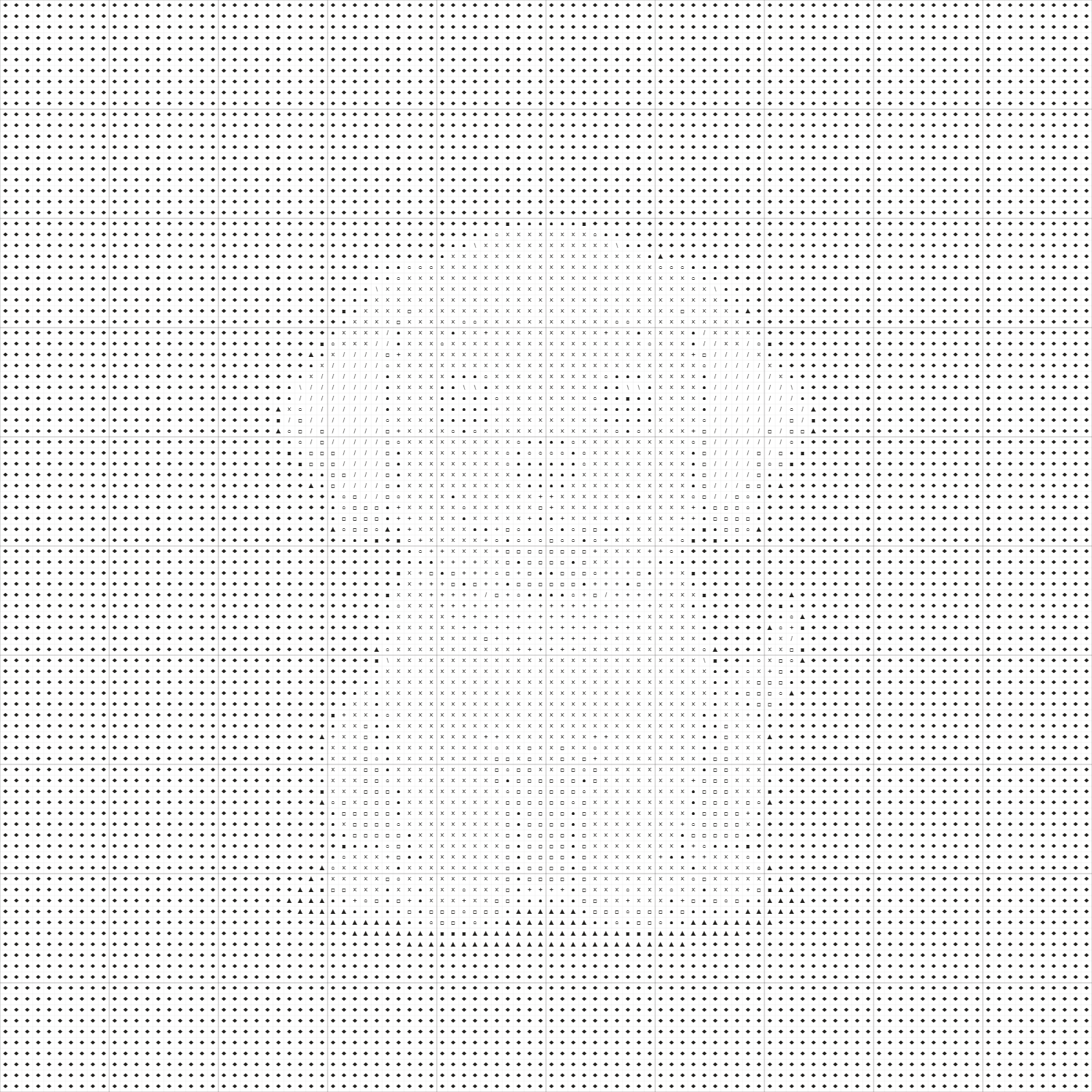 Black-and-white puppy cross stitch chart with distinct symbols for the puppy and diamond symbols throughout the stitched background.