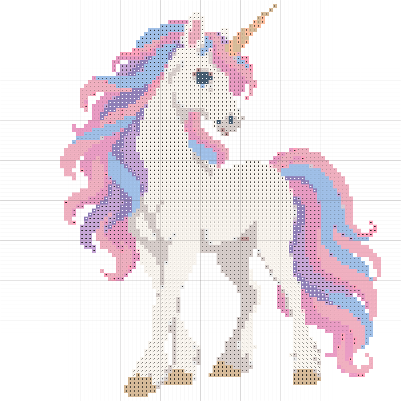 Combined cross-stitch chart for the unicorn, with a square grid, colored cells, and stitch symbols.