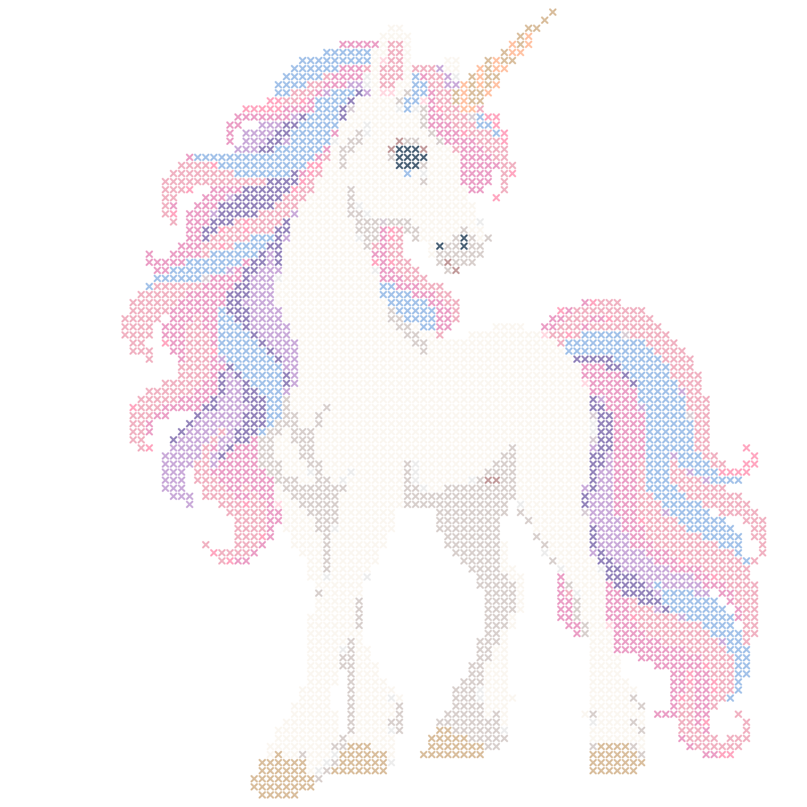 Stitched preview of a standing white unicorn with a golden horn and pastel pink, blue, and purple mane and tail.