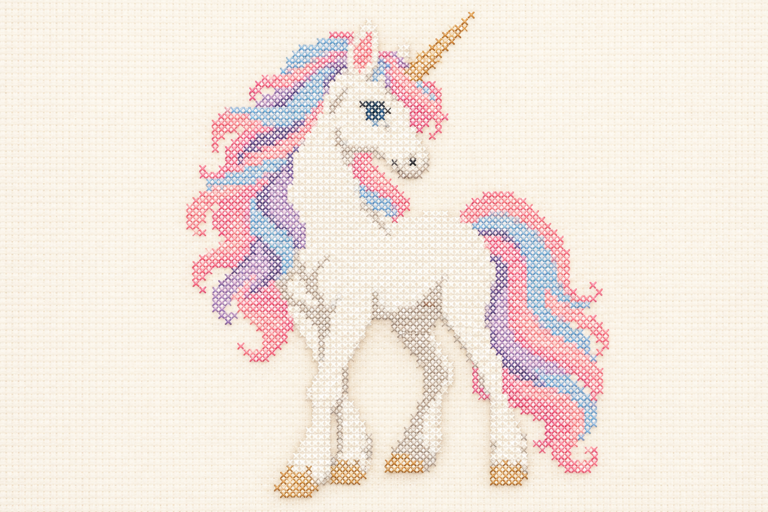 Pastel unicorn rendered in cross stitches on cream fabric, with a pink, blue, and purple mane.