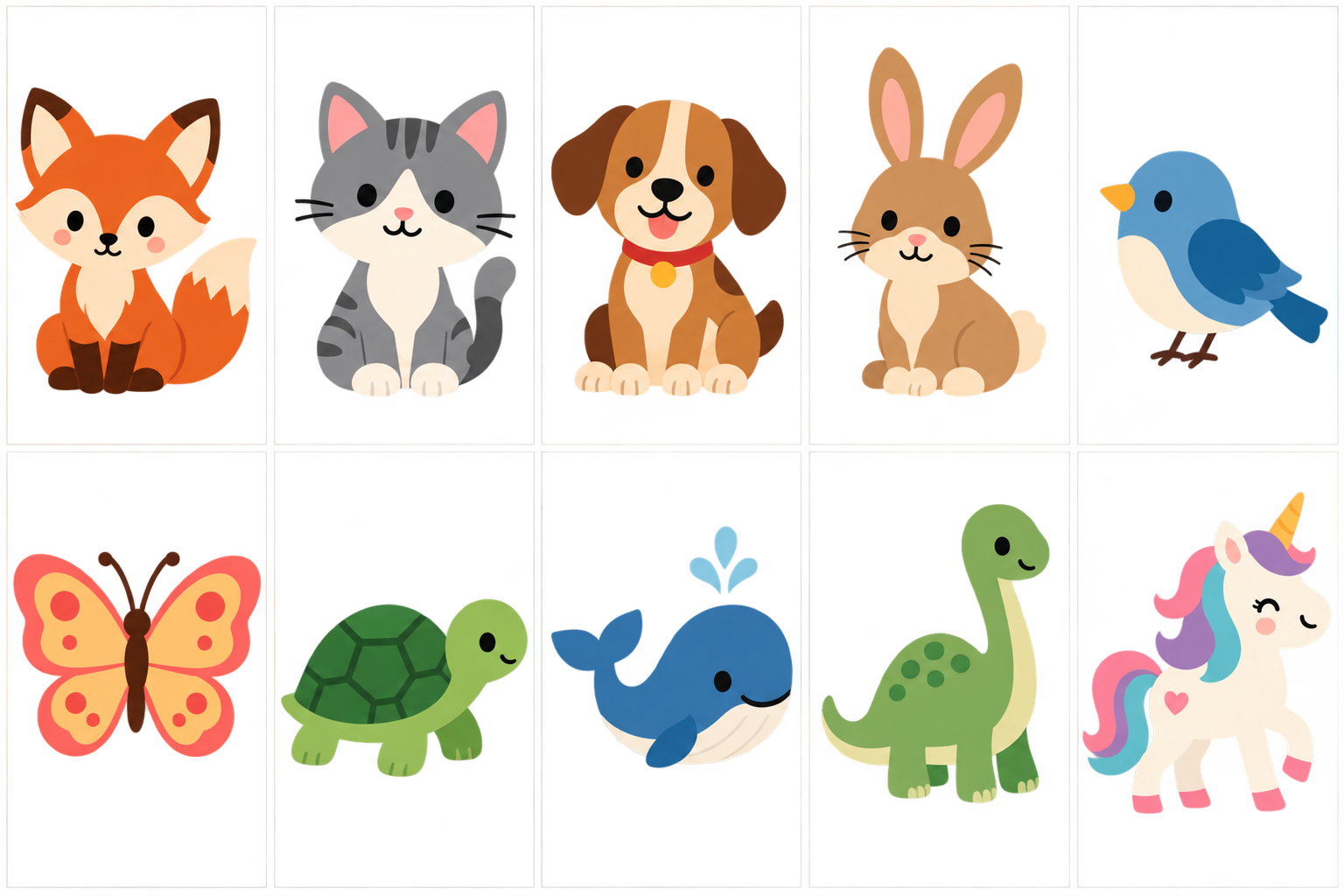 Ten illustrated animals in two rows: fox, cat, dog, rabbit, bird, butterfly, turtle, whale, dinosaur, and unicorn.