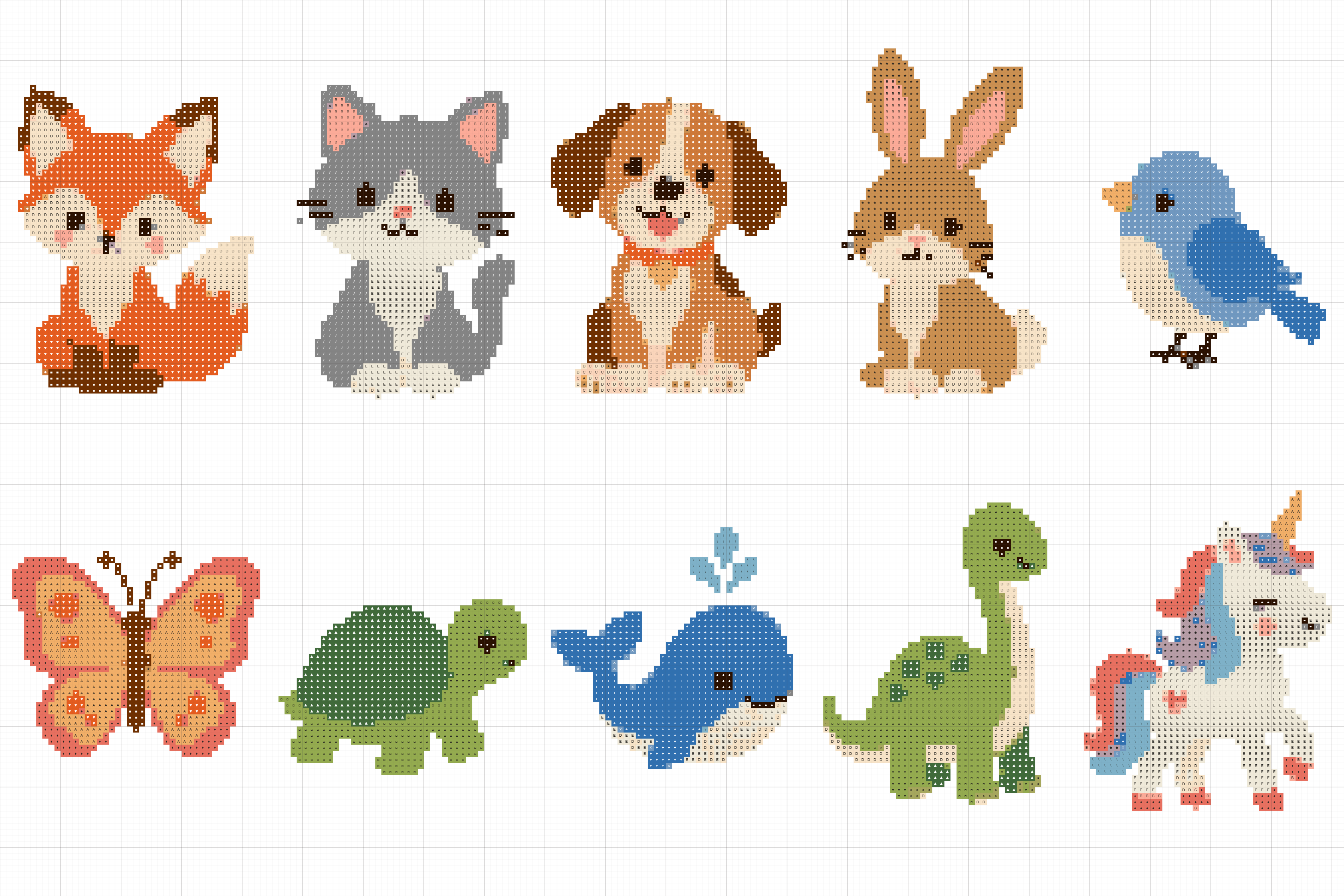 Combined color and symbol chart showing the ten animal motifs, with connected color areas, small facial details, and unstitched space between animals.