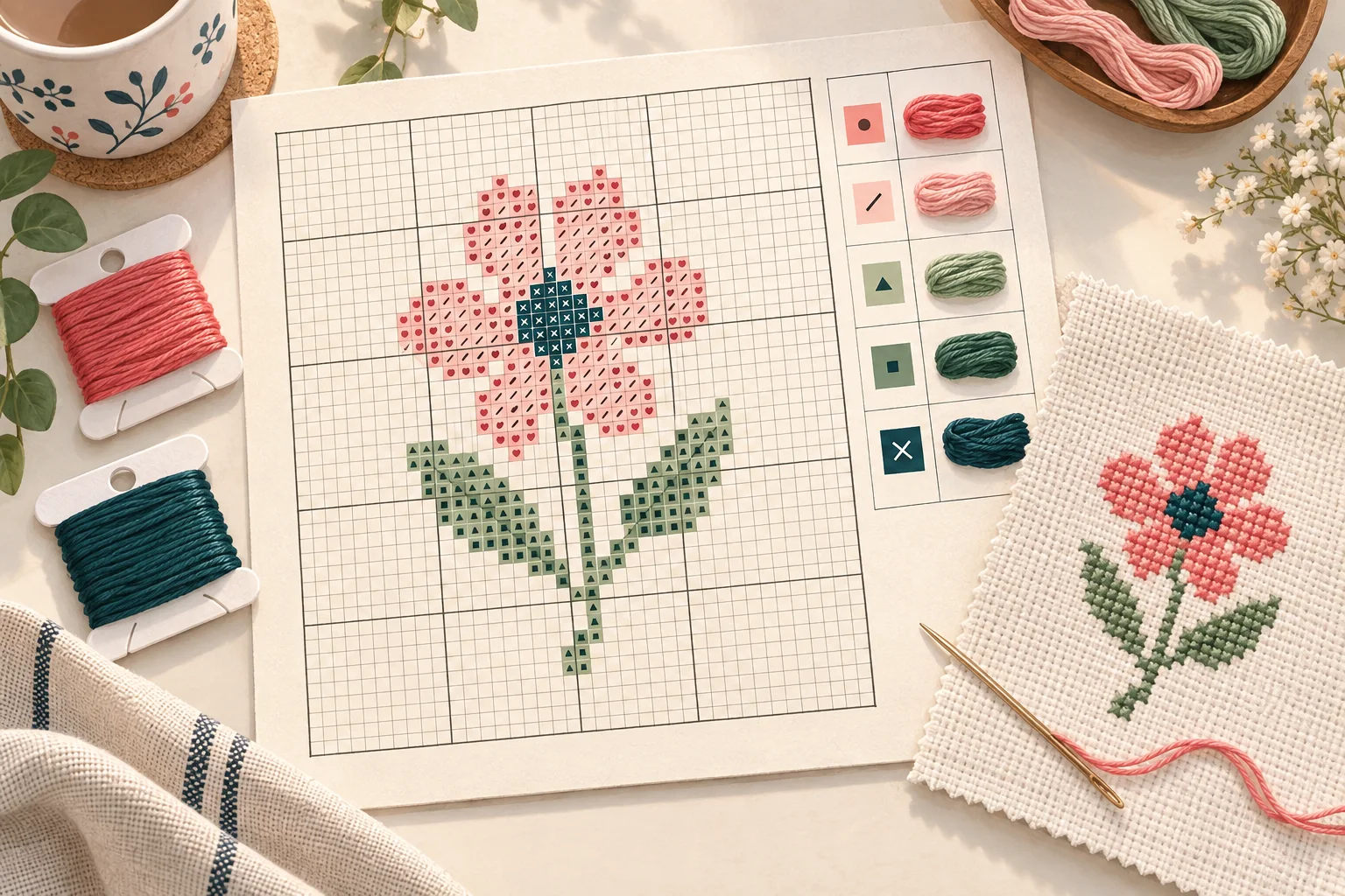 Illustration of a gridded flower chart with symbol marks, a matching stitched fabric swatch, floss bobbins, and a needle on a cream desk.