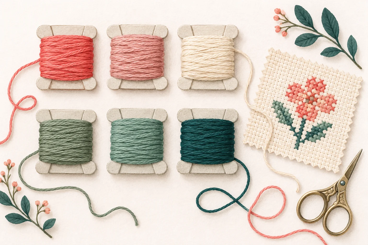 Illustration of six floss bobbins in coral, pink, cream, green, and teal beside a small stitched flower and embroidery scissors.